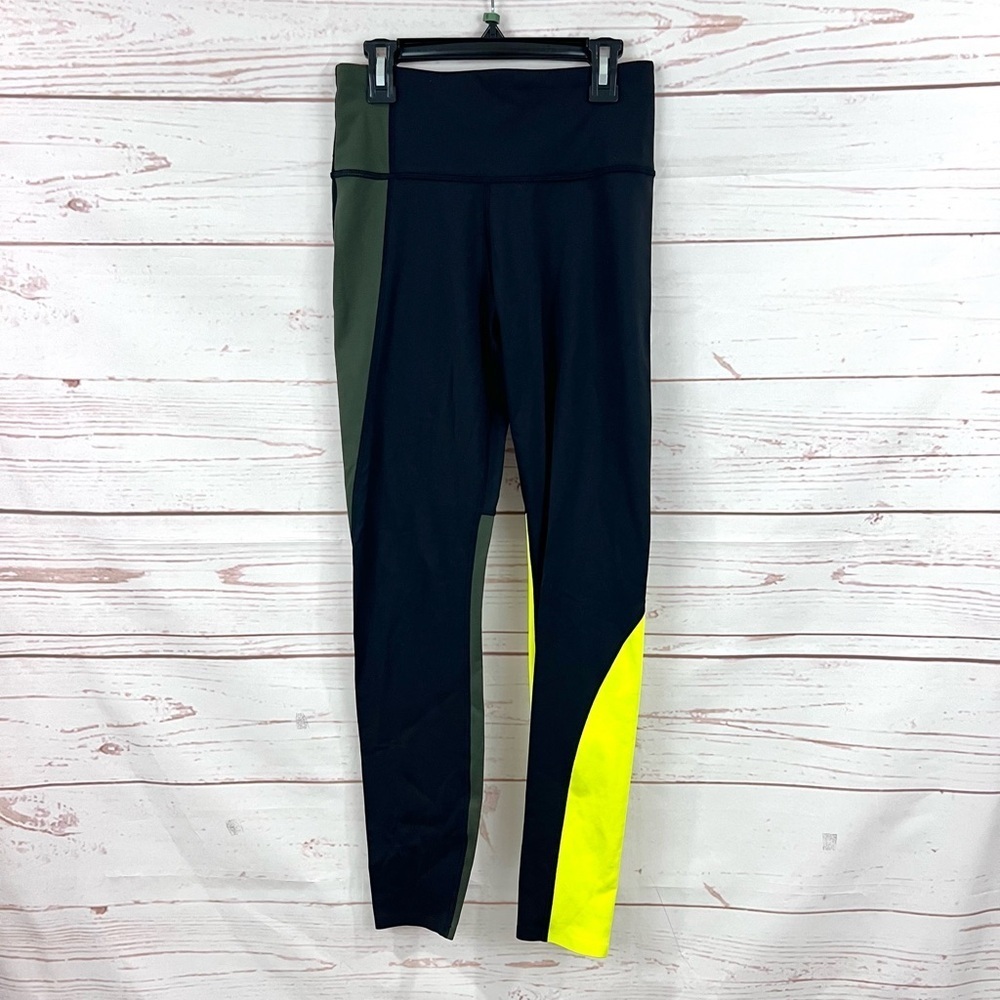 Athleta Asym Colorblock Tights Plush Supersonic Fleece Lined Neon Olive Leggings